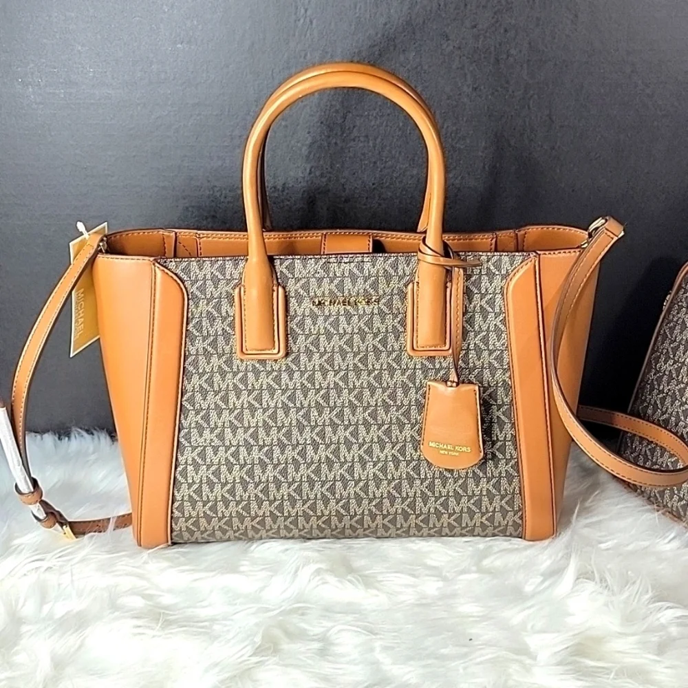 NWT MICHAEL KORS Kali Brown and Gold Medium Satchel‎ with I Pad Case